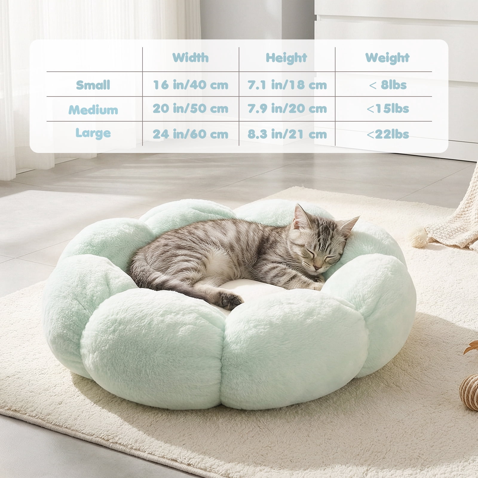 Happy & Polly Cat Bed, Small Dog Bed, Flower Shaped Bolster for Small Breeds, 15.7" Green