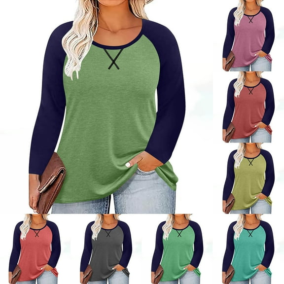 Nfurl Raglan Shirts for Women Color Block Long Sleeve Ladies Tops Crewneck Blouses Plus Size Clothes Sky Blue,Sizes S-5X