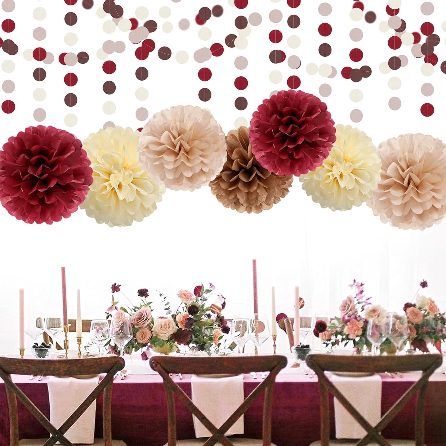 Brown Burgundy Champagne-Gold Party-Decorations - 30pcs Rustic Boho Wedding Tissue Pom-Poms Streamers ,Fall Autumn Tassel Garland Banner,Birthday Baby Bridal Shower Engagement Decor