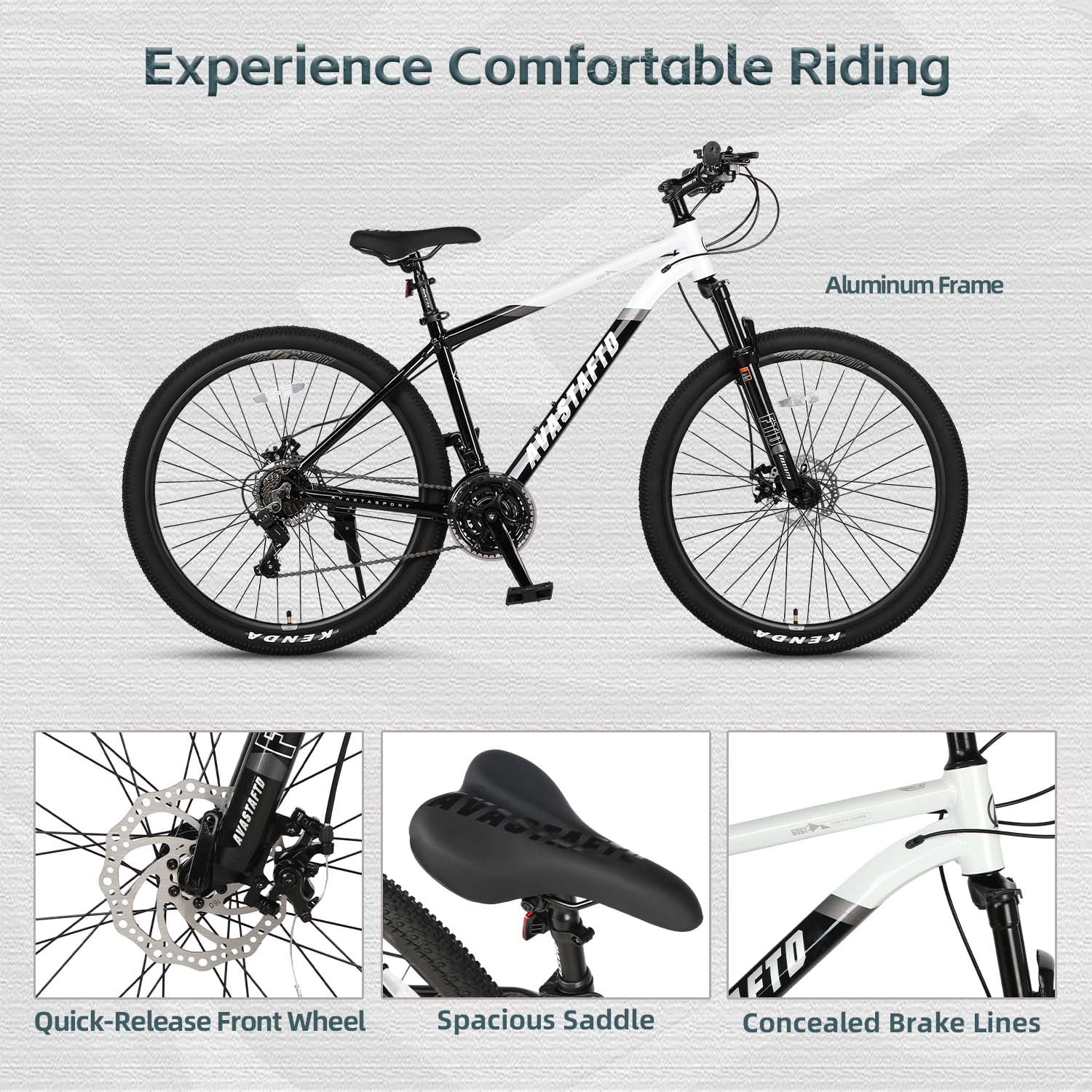 AVASTA 26-inch Mountain Bike for Man Male and Woman Female Adult with Lightweight Aluminum Alloy Frame and Dual Disc Brakes,Front Suspension,21-Speed Gear Shifters,Hidden Brake Cables,Color White