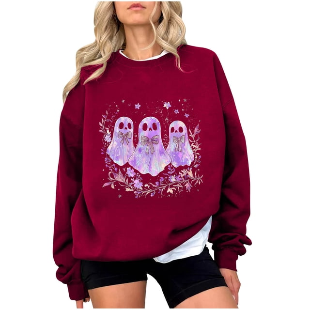 Chandail en Molleton Imprimé Fantôme pour Femmes Chandail Léger et Chaud Blouses Col Rond Manches Longues Ultra Doux Texturé Tenues de Printemps 2025 Chandail Automne Hiver Vêtements