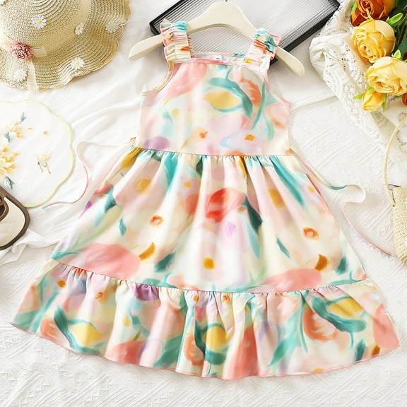 Piuwrlz Summer Dresses for Girls Casual Play Dresses Suspender Crew Neck Pleated Skirts Multicolor Size 8 Years
