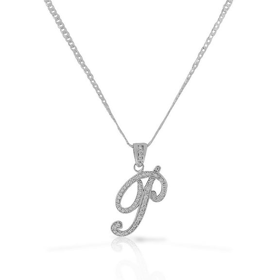 925 Sterling Silver CZ Letter Initial "P" Pendant Necklace - P