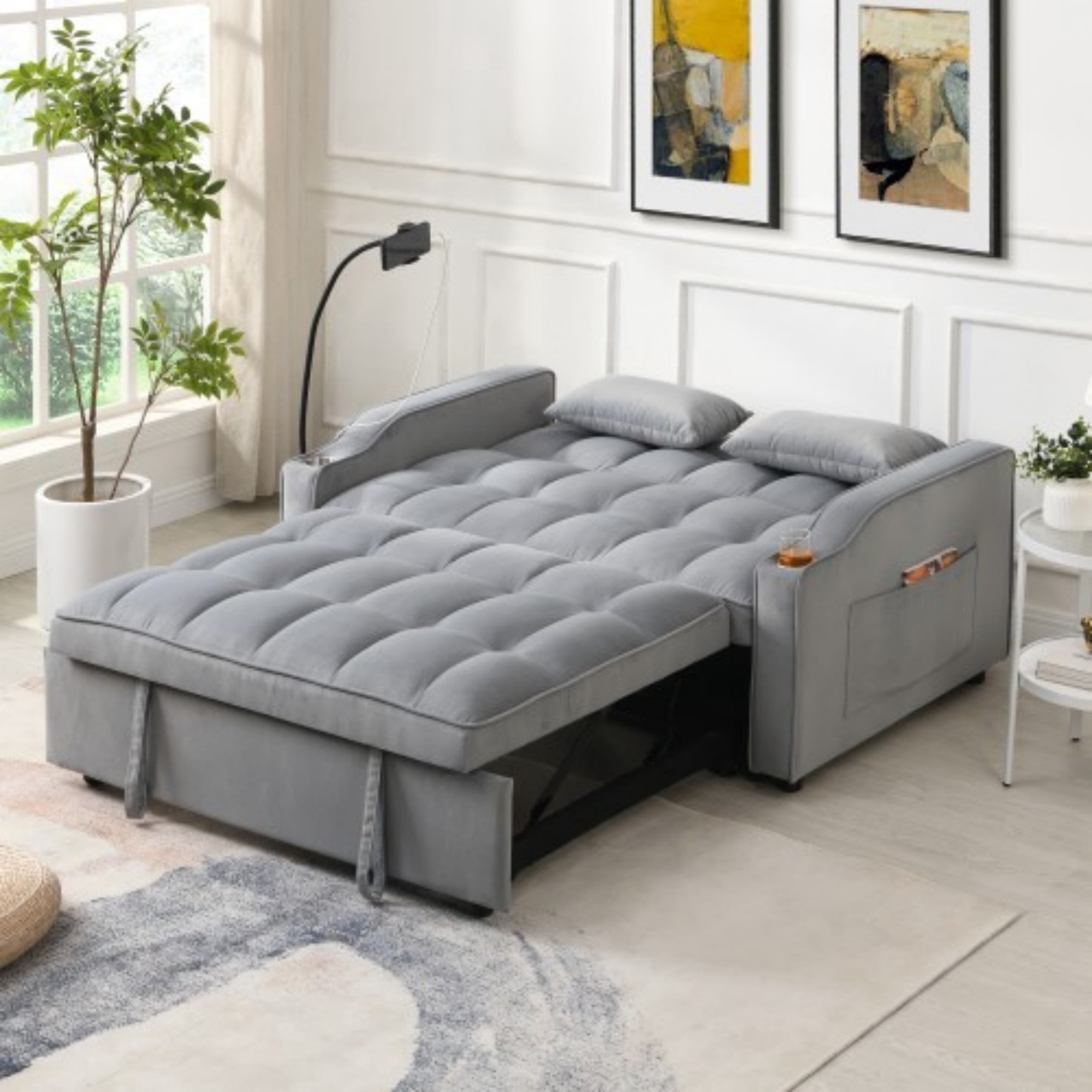 Velvet Loveseat Sofa Bed, 3-in-1 Convertible Sleeper Couch with USB Ports & Pullout Bed, Light Gray