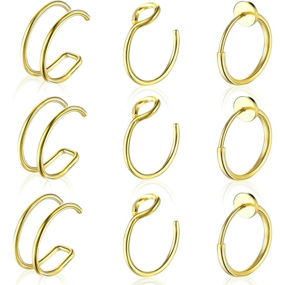9pcs Gold Fake Nose Piercing, 16G Stainless Steel Clip-on Nose Rings