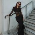 thumbnail image 4 of Women'S Mesh Off Shoulder Dress Elegant Sheer See Through Long Sleeve Ruched Bodycon Maxi Dresses Black XL, 4 of 9