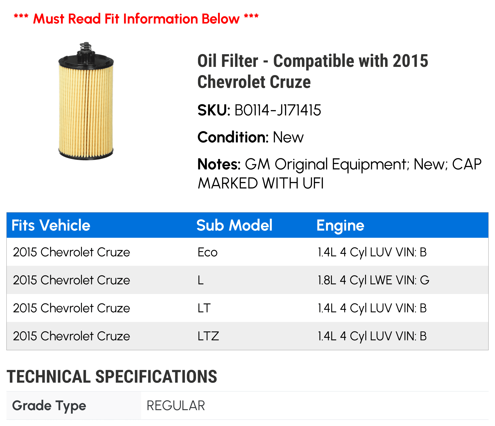 Oil Filter - Compatible with 2015 Chevy Cruze