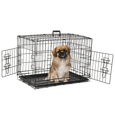 30" Folding Metal Dog Crate Cage Double Doors Dog Crates Durable Black Pet Crate