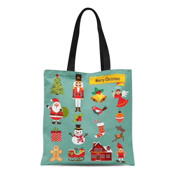 SIDONKU Canvas Tote Bag Elf Christmas and Nutcracker Tree Sleigh Cartoon Santa Character Reusable Shoulder Grocery Shopping Bags Handbag