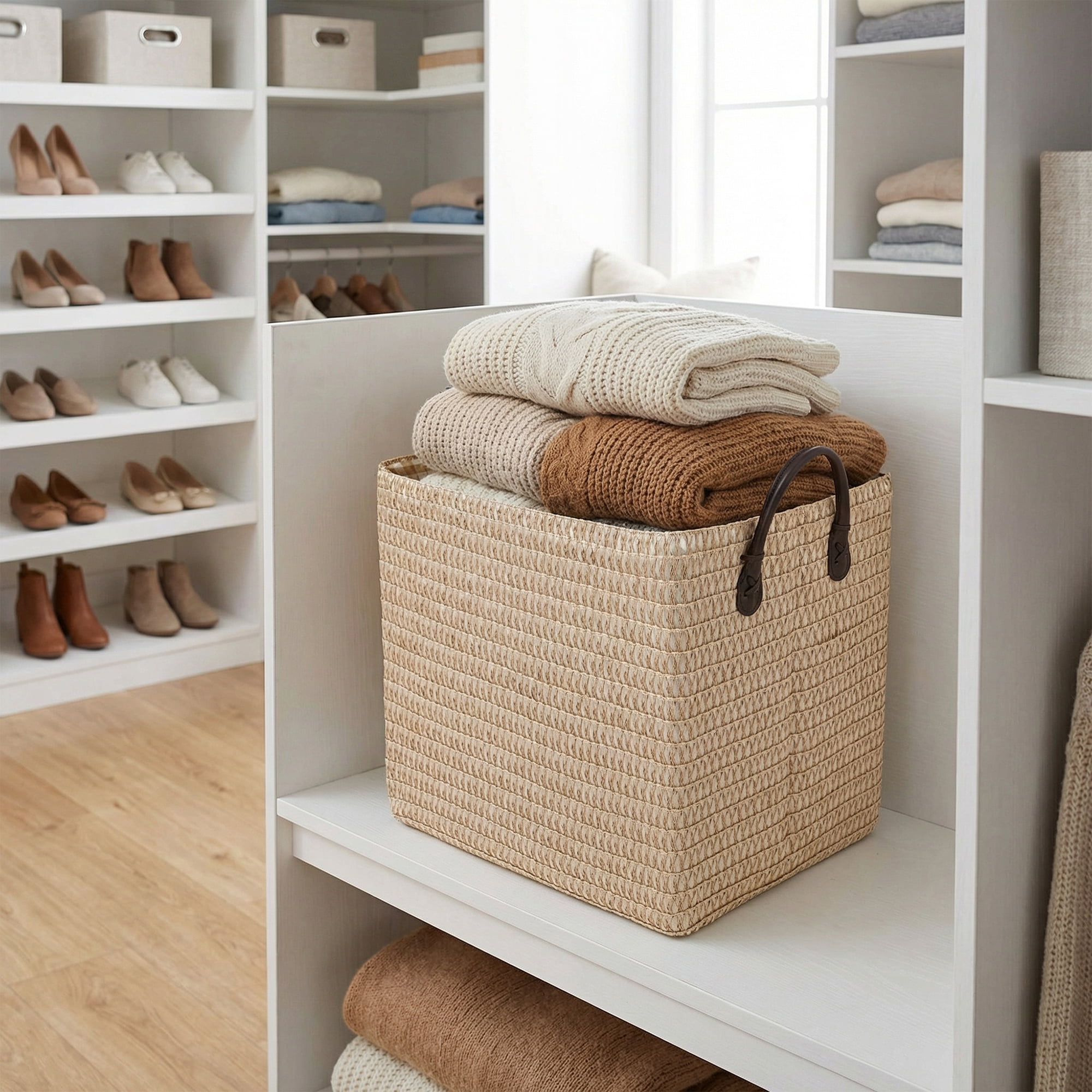 Unique Bargains Compactable Woven Storage Basket Storage Bin Beige 11.8*9.1*11.4in