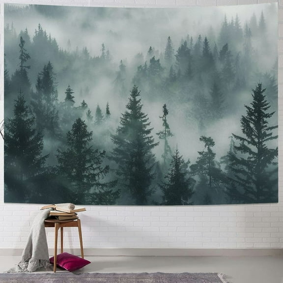 PRATYUS ChloropLastid Misty Forest Foggy Mountain Tapestry Wall Hanging Sage Green Trees Thick Fog Twilight Aesthetic Tapestry Decor for Living Room Bedroom Multi Size Painting