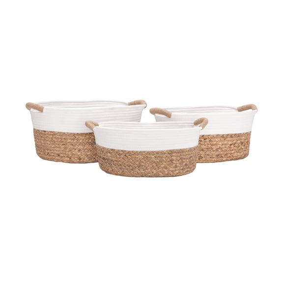 Seville Classics 3-Piece Natural Water Hyacinth and Rope Handwoven Basket Set, White