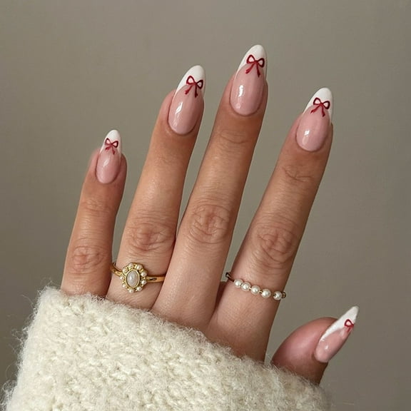 24PCS Christmas Press on Nails, Simple White French Style with Bow Pattern, Detachable Reusable Acrylic Fake Nails, Elegant Festive Manicure Kit for Women Girls, Holiday Party & Daily Wear