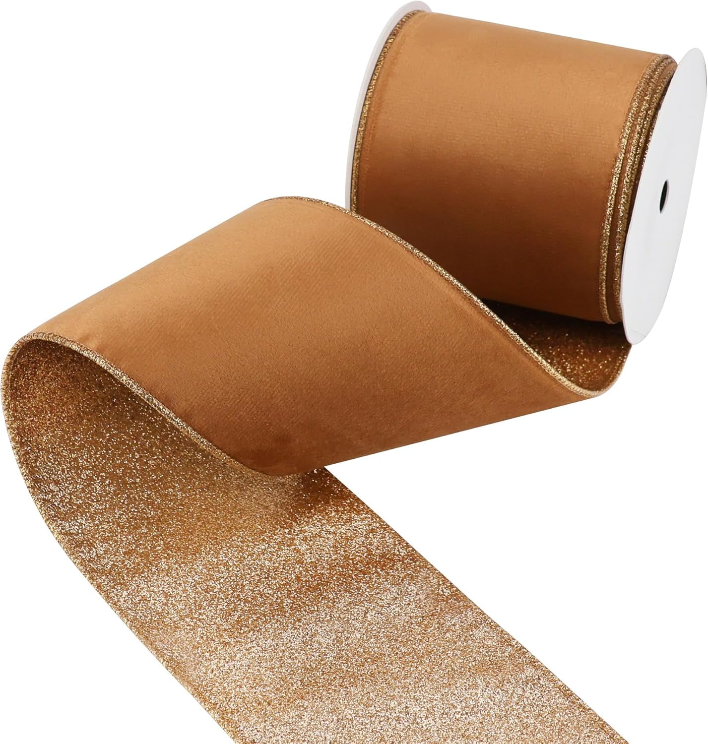 Velvet Wired Ribbon 4 inch Copper Double-Sided Glitter Wire Christmas Tree Ribbon for Christmas Tree, Wreaths, Tree Top Bows, Garland, Home Decor, Fall Decor- 10 Yards