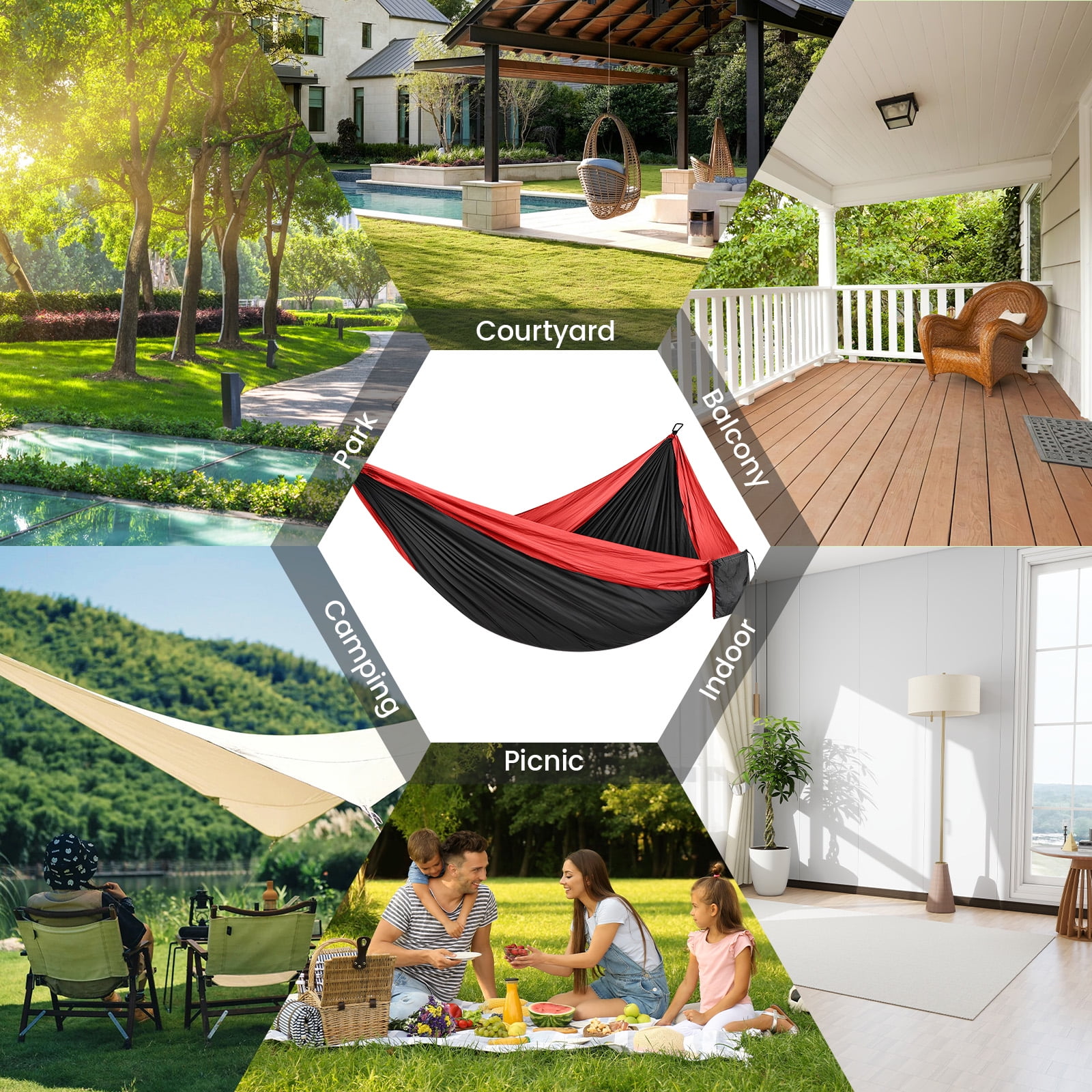 Topchances Camping Hammock, 210T Nylon Lightweight Single Hammock with 2 Tree Straps and Carry Bag, Great for Outdoor, Indoor Beach, Camping, Red & Black