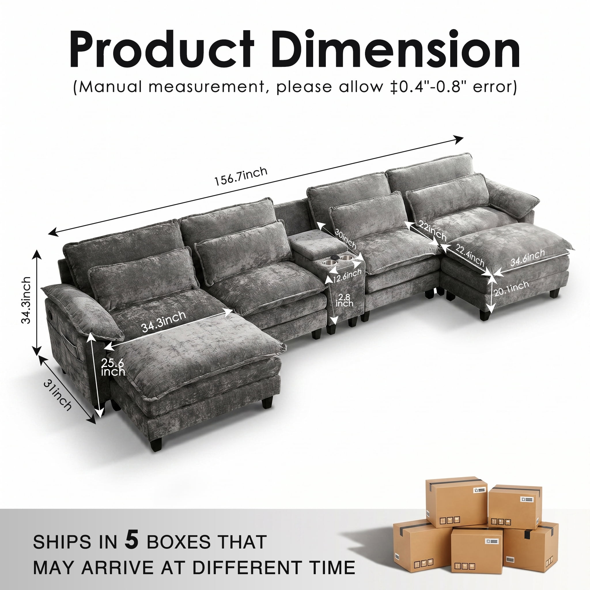 AISWORD 157" U Shaped Cloud Couch Sectional, Oversized Modular Sofa with USB Charging, Hidden Storage, Cup Holders & Double Chaise for Living Room, Gray