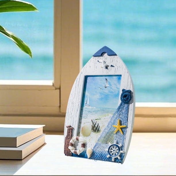 Marco de fotos de madera azul de gaviota para fotos 4x6 - Decoración de escritorio o pared para habitación infantil, guardería, casa de playa y recuerdos