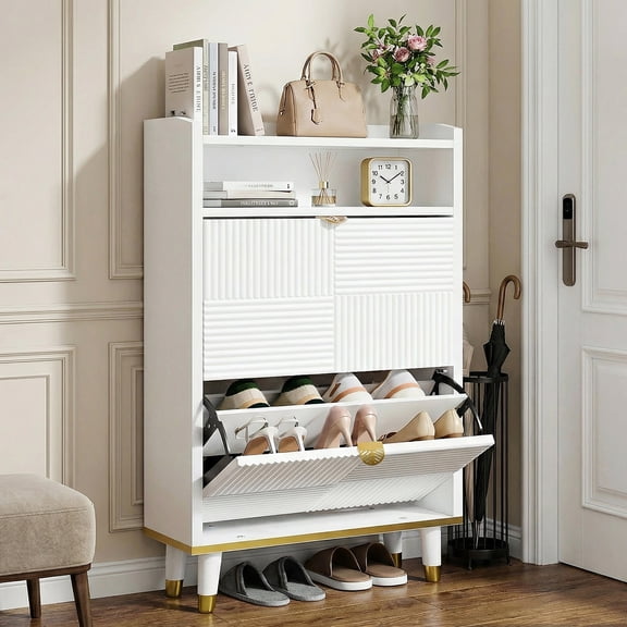 Haewon Modern Fluted Shoe Cabinet with 4 Flip Drawers, Narrow Entryway Storage Organizer with Adjustable Compartments, Wooden Shoe Rack for Hallway, Foyer, or Living Room, White