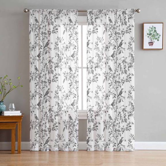 Flower Birds Sheer Curtains 84 Inches Long 2 Panels Set, Window Sheer Curtains for Living Room/Bedroom, Retro Black White Tree Branch Floral Spring Light Filtering Rod Pocket Curtain 52'' x 84'' x 2