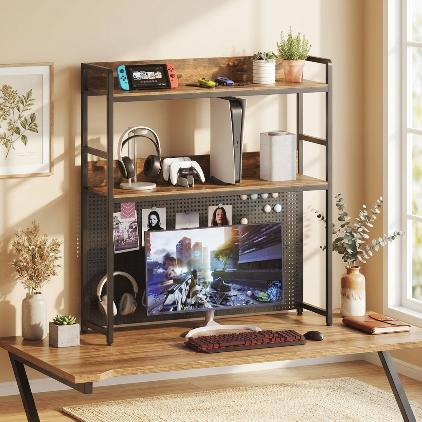 Furnibear Multipurpose 2-Tier Desktop Bookshelf with Pegboard for up to 32 Inch Computer Monitor for Living Room Home Office Bedroom, Rustic Brown