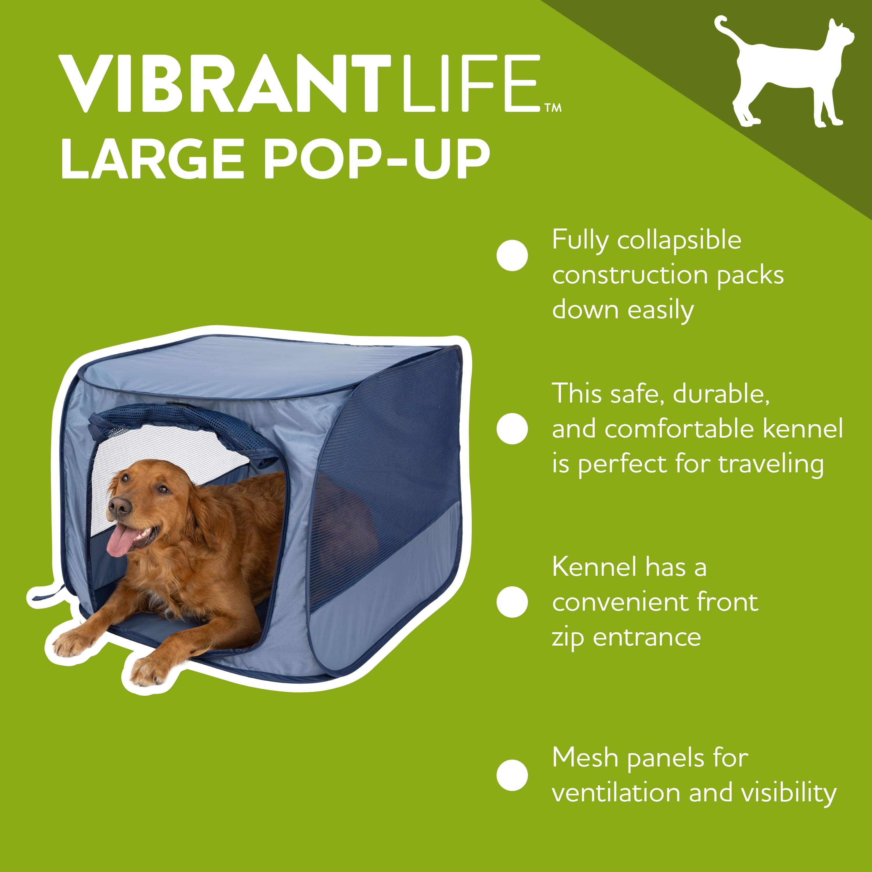 Vibrant Life Soft-Sided Pop Open Dog Kennel, Blue, Large