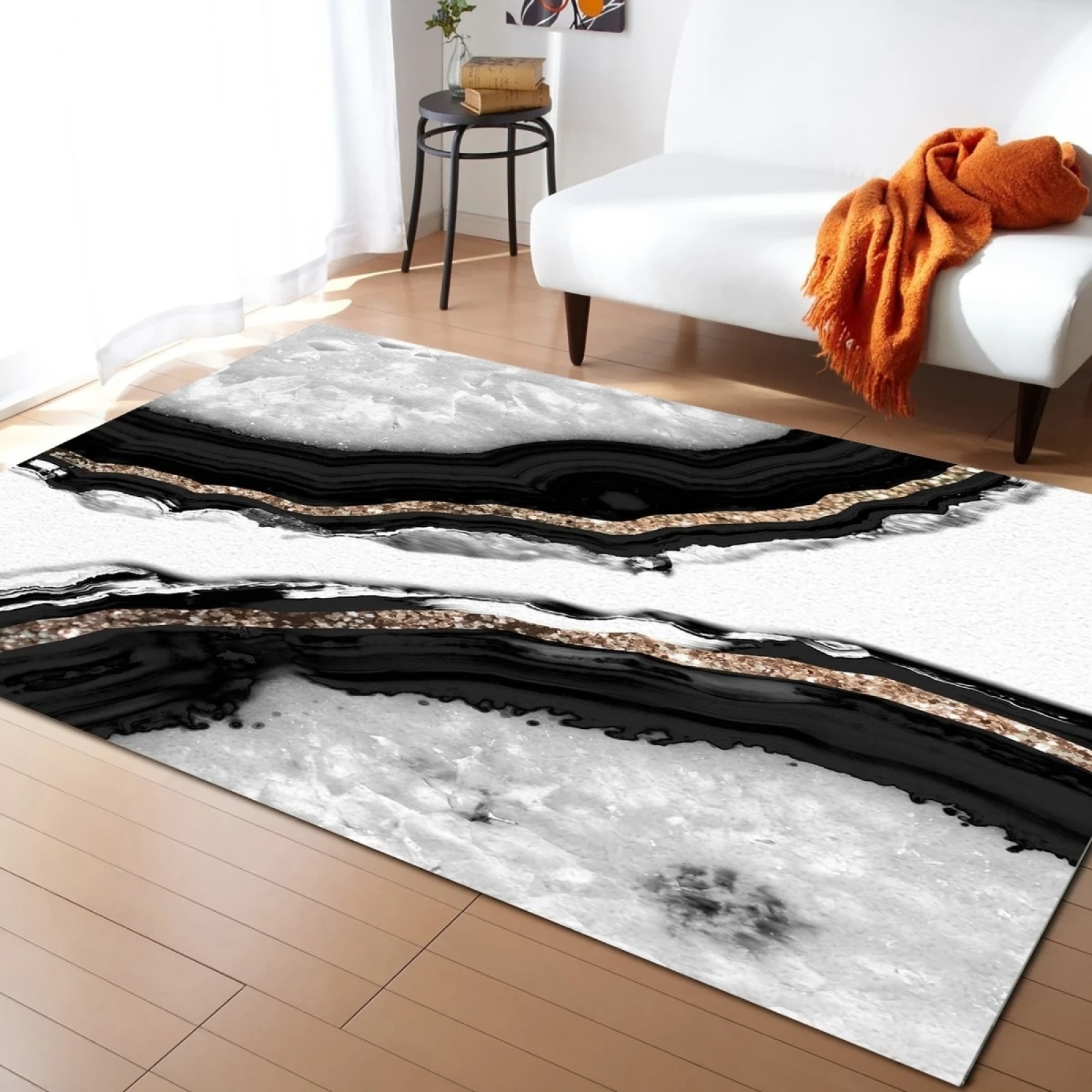 Abstract Indoor Modern Area Rug, Black Gold Marble Texture Ultra Soft