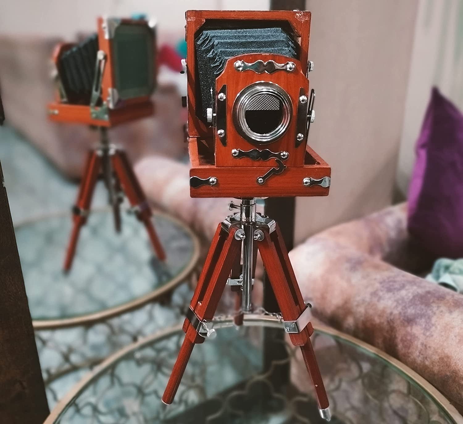 New Antique Vintage Look Film Camera Wooden Tripod Collectible Studio Gift Item Brown Color (22 Inches)