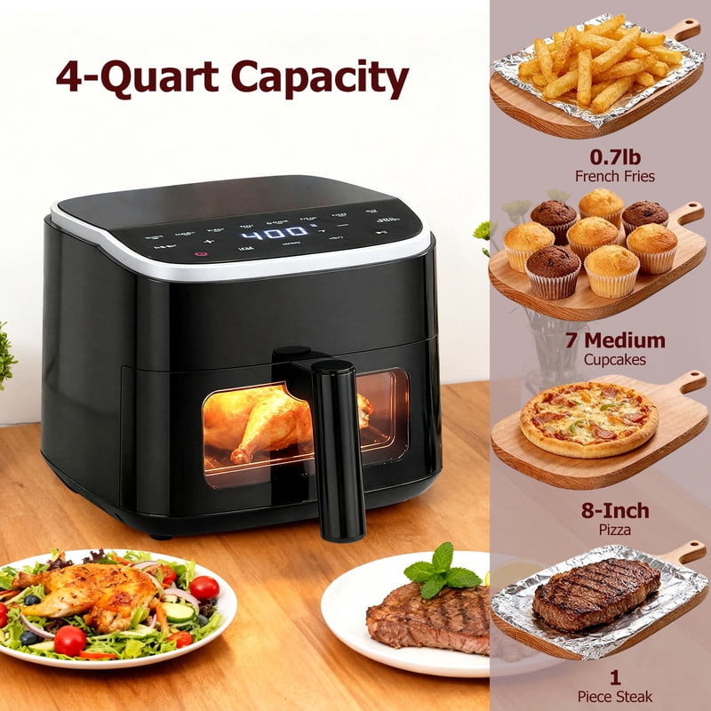 Sybels 4QT Digital Air Fryer: 1500W, Visible Window, 8 Presets, 400°F, 60-Min Timer, Auto Shut-Off, Dishwasher-Safe Basket, Black