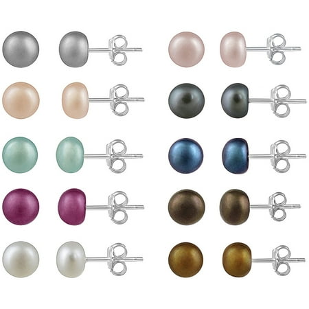 5-5.5mm Freshwater Cultured Pearl Sterling Silver  Multi-Color Stud Earrings, Set of (Best Quality Pearl Earrings)