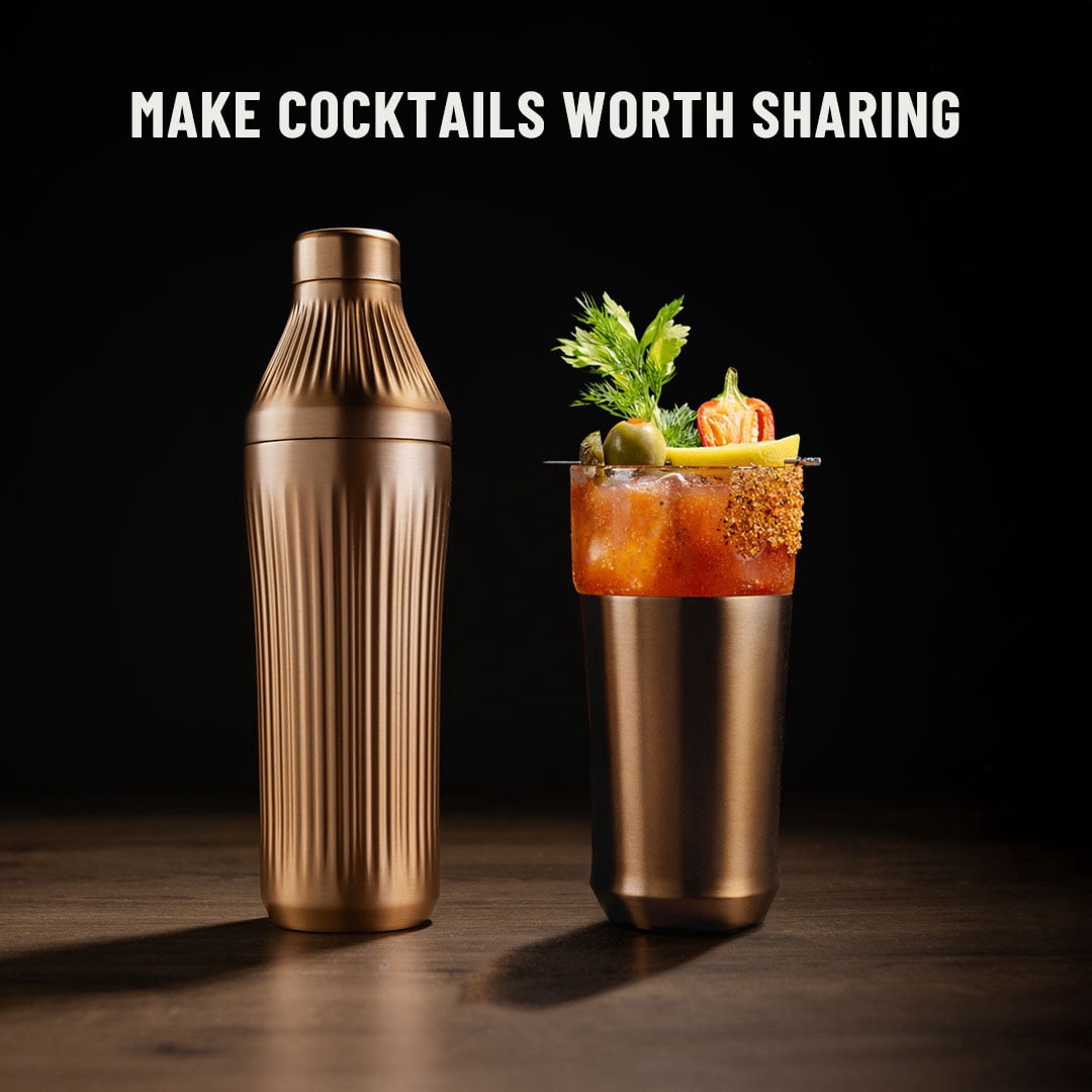 Elevated Craft Diamond Edition Hybrid Cocktail Shaker Set - Premium Vacuum Insulated Brushed Copper, 28 oz, Includes Built-In Strainer, Precise Measuring Top & XL Polishing Cloth - Martini Shaker