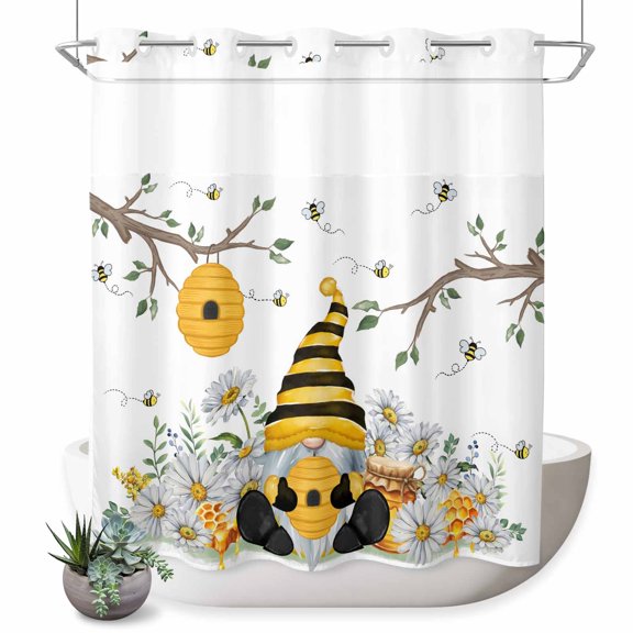 No Hook Shower Curtain, Yellow Gnomes Shower Curtains for Bathroom with See Through Top Window, Bees Spring Floral Daisy Branches Waterproof & Washable Bath Curtain Standard 72"x72"