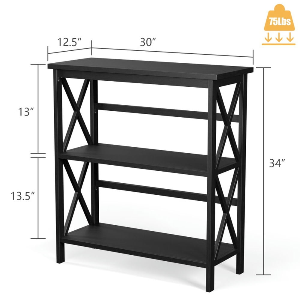 Demi Bonn 3-Tier Wooden Bookshelf, Multi-Functional X-Design Etagere Storage Bookcase, Black