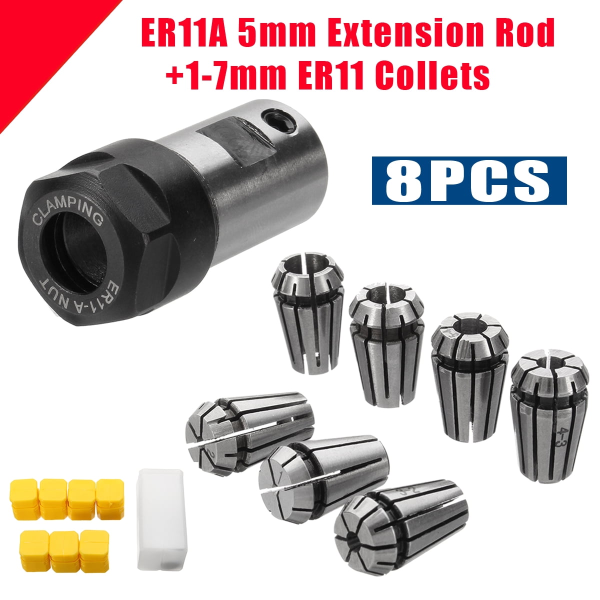 7PCS ER11 Spring Collet Set 17mm + ER11A 5mm Extension Rod Motor Shaft