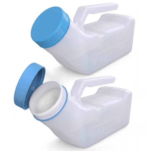 Spill-Proof Men's Urinal Bottle, 1000ml Portable Pee Bottle with Glow in The Dark Lid & Leak-Proof Cap, 2-Pack Heavy-Duty Plastic Urinals for Travel, Elderly, Bedside & Incontinence Care