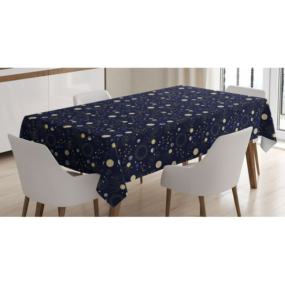 Cosmos Tablecloth, Retro Memphis Style Planetary Space Shapes Constellation Moon Phases, Rectangle Satin Table Cover Accent for Dining Room and Kitchen, 52" X 70", Indigo and Pale Yellow, by Ambesonne