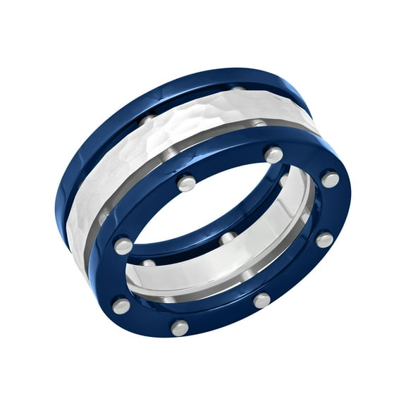 Men’s Stainless Steel & Blue IP Hammered Finish Band – Mens Ring