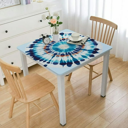 BANET Tablecloth Blue Tie Dye Fitted Tablecloth with Elastic Table Cover Fitted Tablecloths for Tables Waterproof Reusable Table Cloth for Indoor and Outdoor White