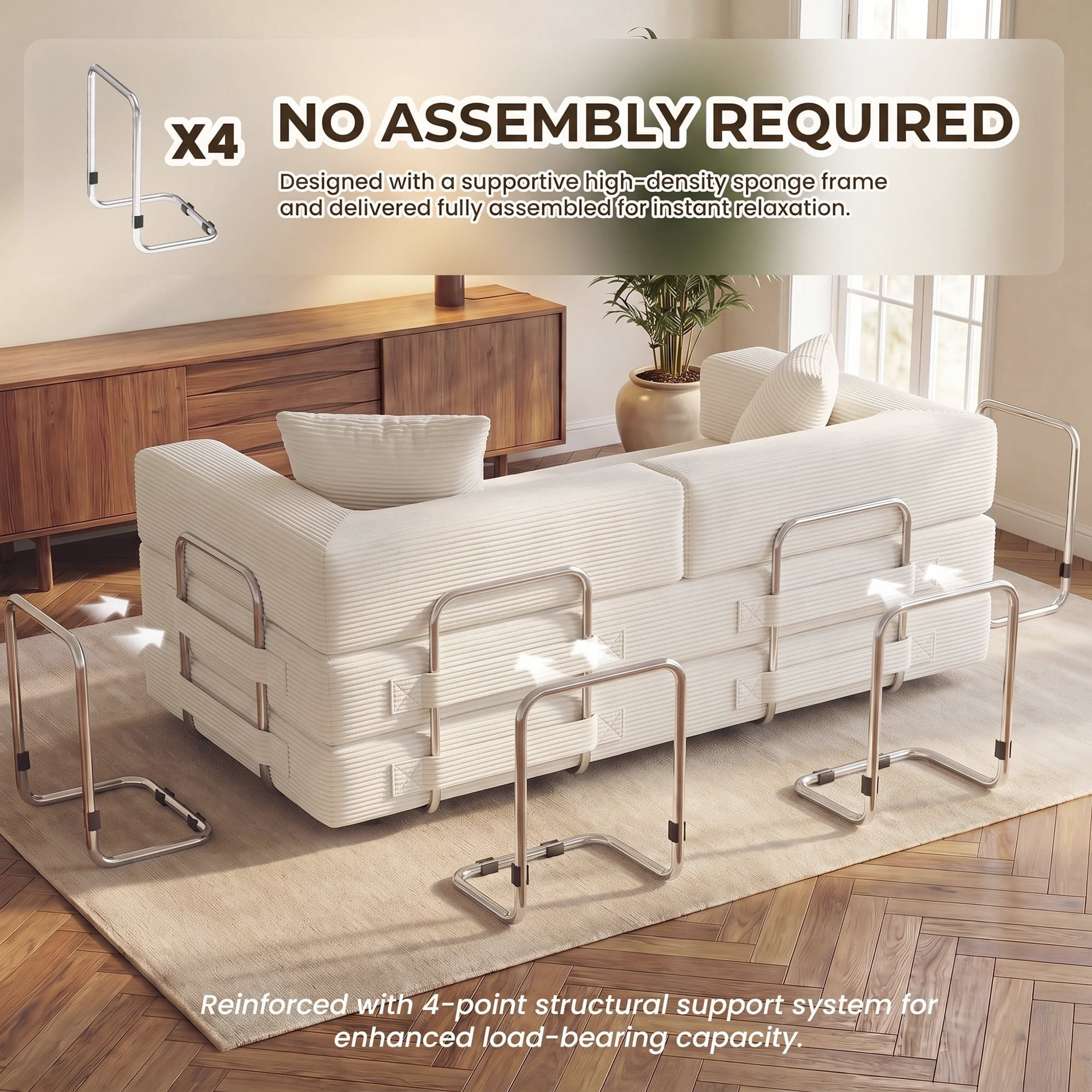 Aukfa 79" Convertible Futon Sofa Bed with Fixed Frame, 5-in-1 Boneless Couch for Living Room, Corduroy, White