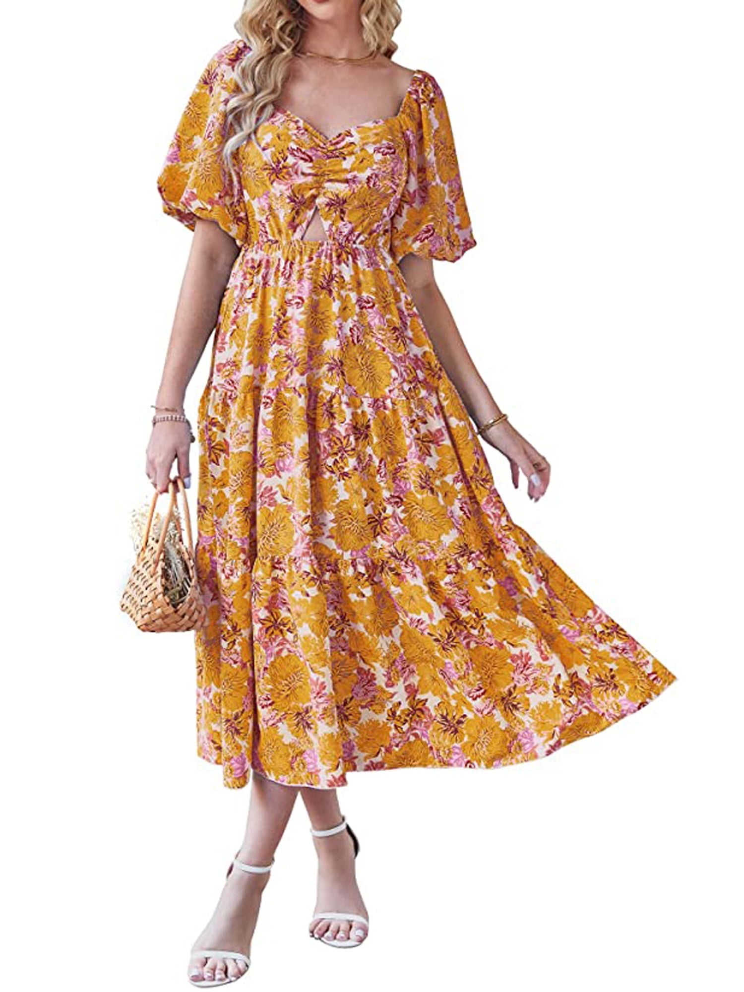 Franhais Women's Summer Casual Midi Dress, Leisure Floral Print Short ...