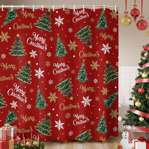 Red Christmas Shower Curtain, Xmas Tree Snowflake Stars Farmhouse Waterproof Fabric Shower Curtains with 12 Hooks, Bathroom Curtain Set for Bathroom Accessories Decor, 48 x 72 Inches