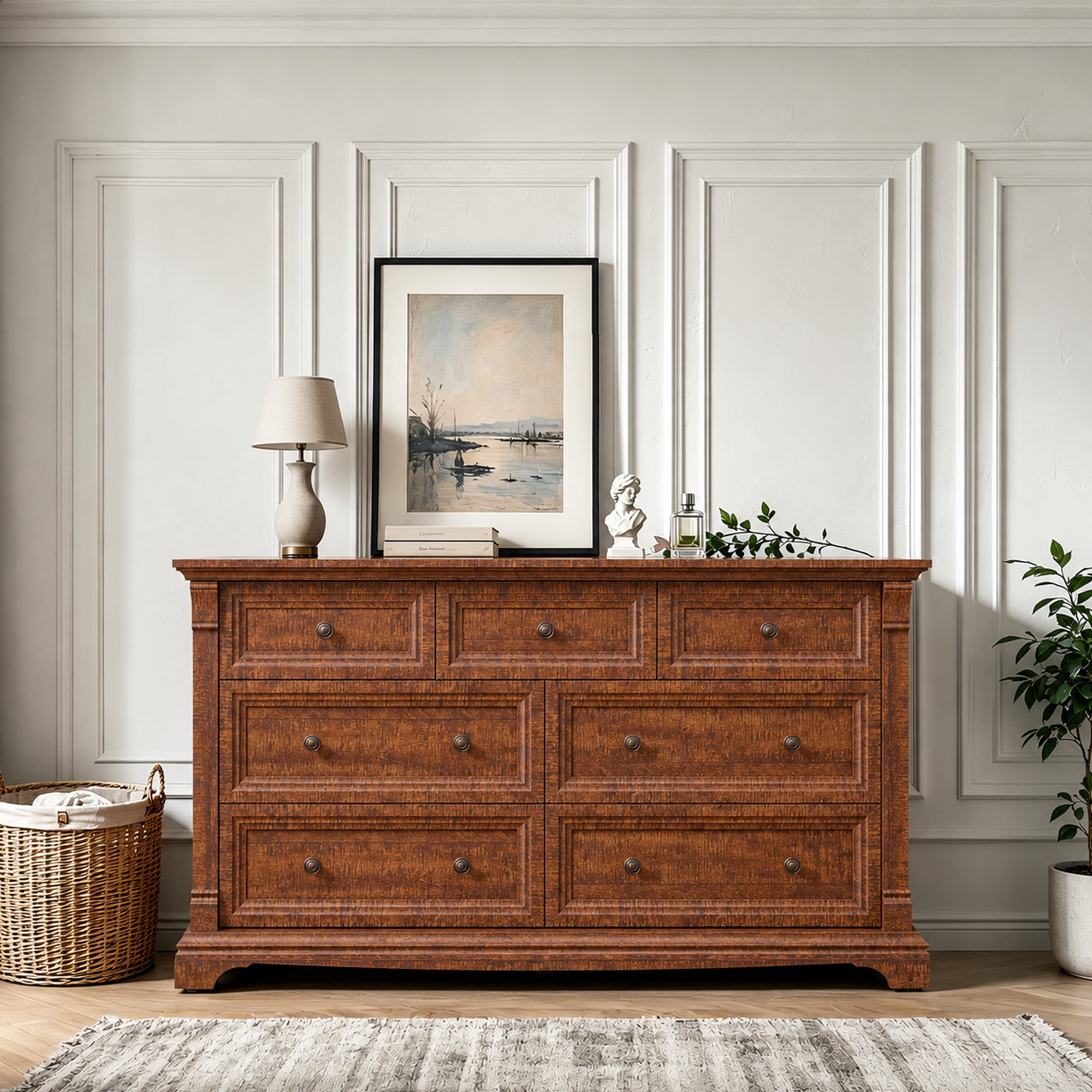 KeyWhat 54" Farmhouse 7-Drawer Dresser with Handles for Bedroom, Living Room , Hallway