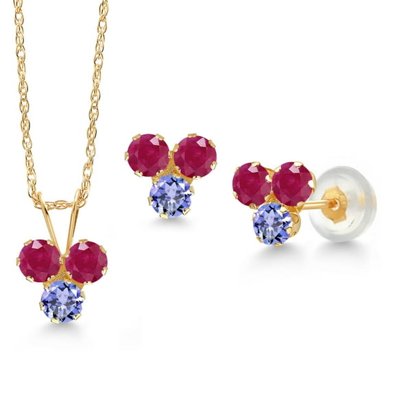 Gem Stone King 14K Yellow Gold Red Ruby and Blue Tanzanite 3 Stone Pendant and Earrings Jewelry Set for Women (1.38 Cttw, Round 3MM, with 18 inch Chain)