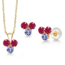 Gem Stone King 14K Yellow Gold Red Ruby and Blue Tanzanite 3 Stone Pendant and Earrings Jewelry Set for Women (1.38 Cttw, Round 3MM, with 18 inch Chain)