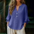 thumbnail image 5 of Xdegoge Cotton Linen Blouses for Women V Neck 3/4 Ruffle Sleeve Tops Casual Henley Shirts Loose Fit Tunic Tops for Leggings Summer Lightweight Breathable Shirts, 5 of 9