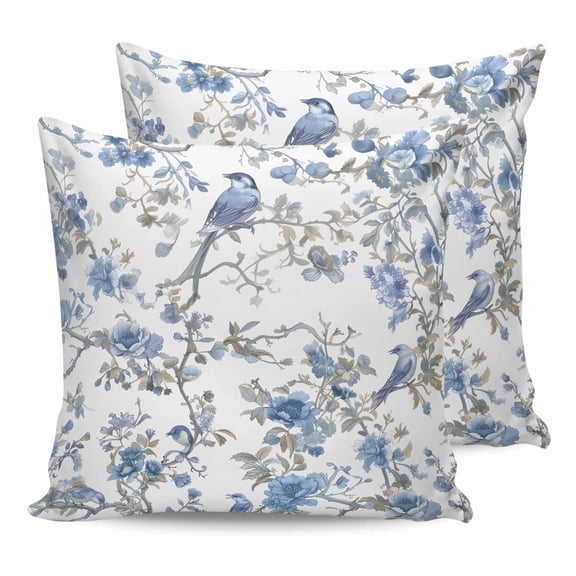 18x18 Pillow Covers Set of 2, Blue Floral Birds Throw Pillow Covers Decorative Couch Cushion Case, Farmhouse Flowers Pastoral Microfiber Square Pillowcases for Bedroom Car Living Room