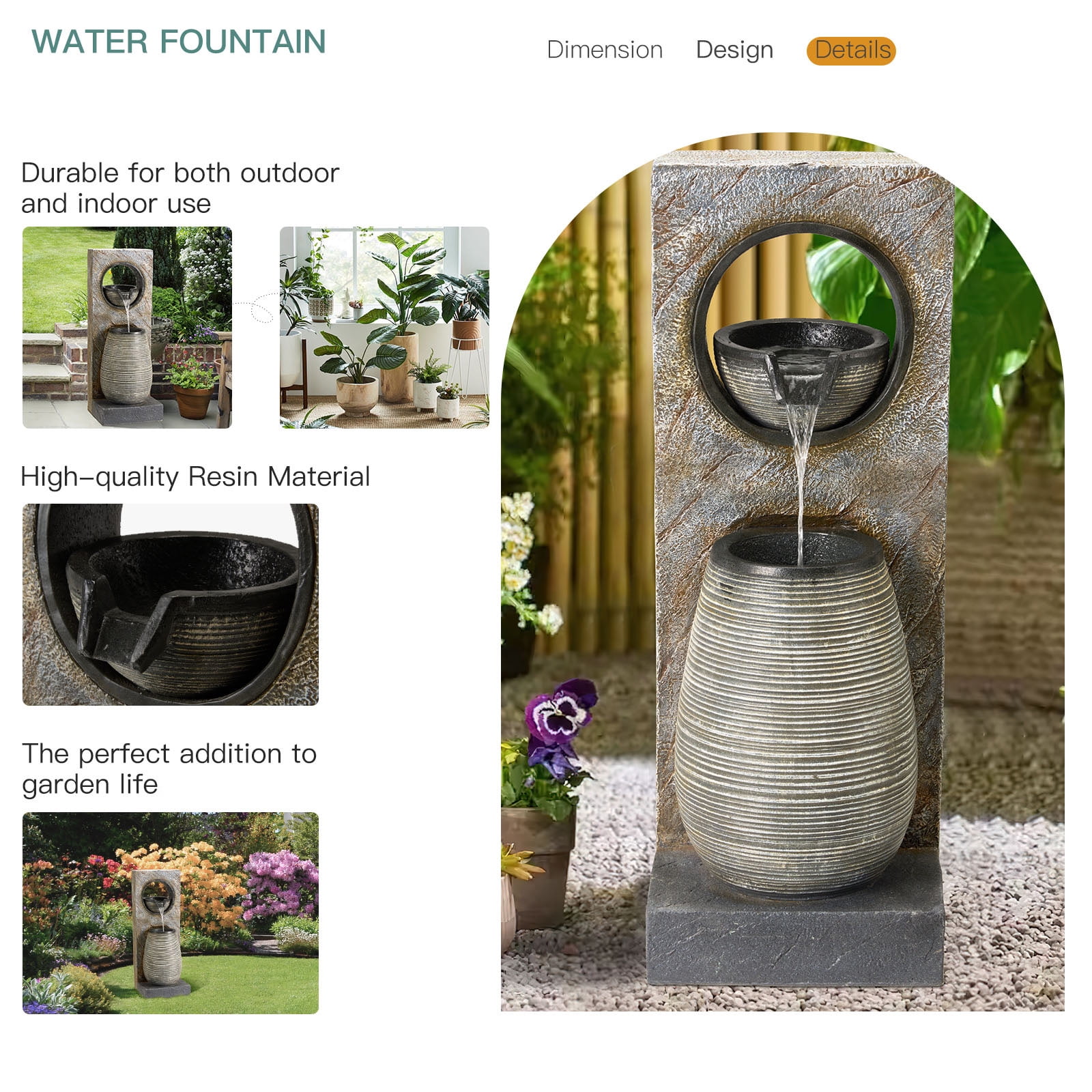 Erinnyees 39.7" Modern Outdoor Fountain with LED Lights - Freestanding Garden & Yard Decor