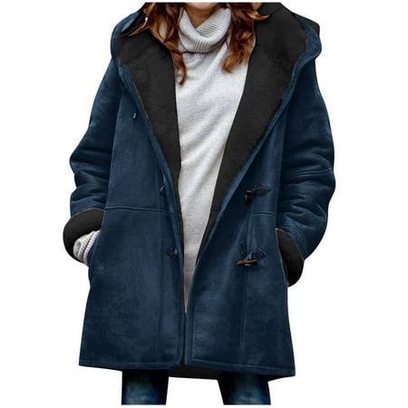 QQAMB Womens Winter Coat Plush Warm Faux Button Hoodies Solid Color Long Sleeve Loose Outerwear Coat Navy 3XL