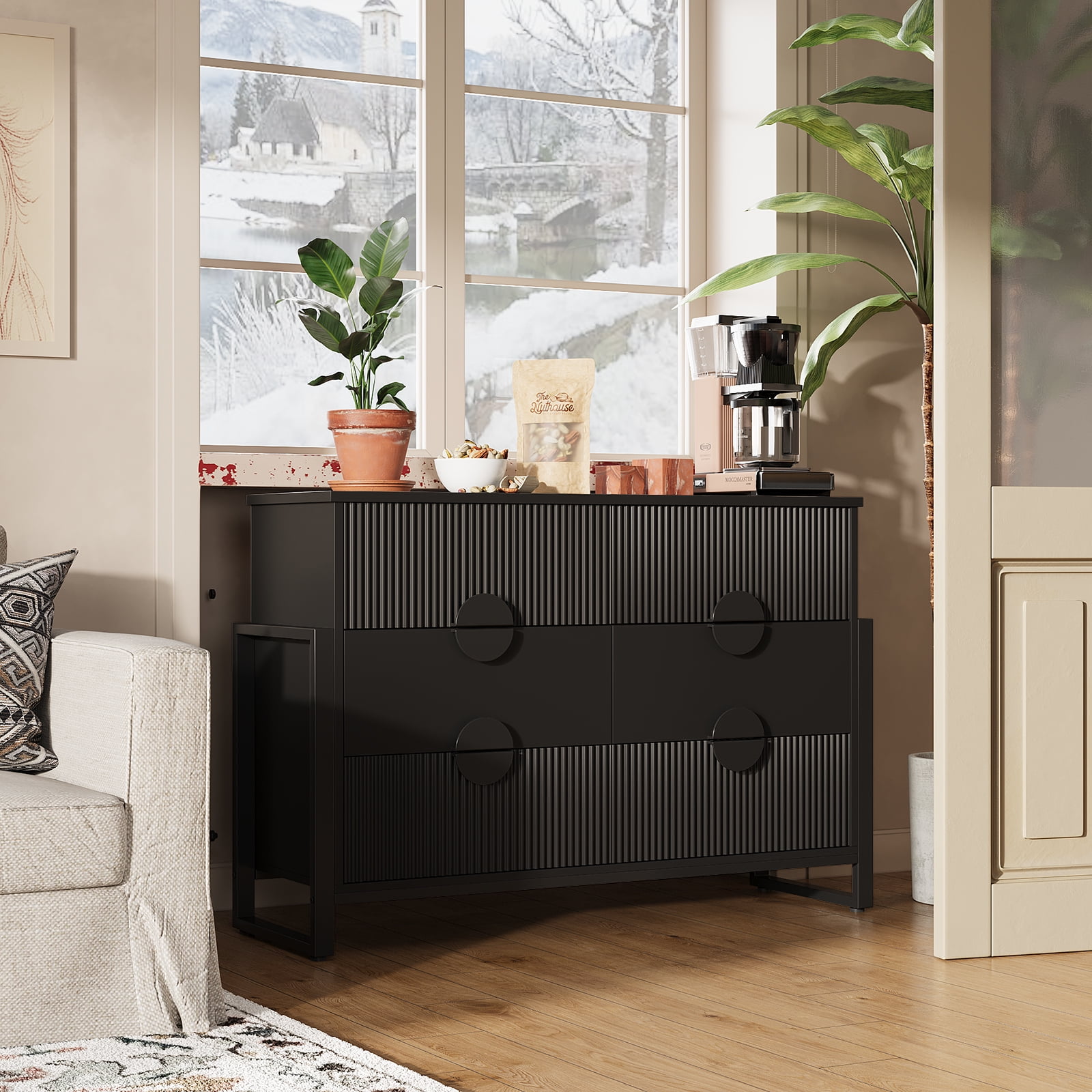 Holliwill 6 Drawer Dresser for Bedroom, Fluted Dresser Chest of Drawers for Living Room, Hallway, Black