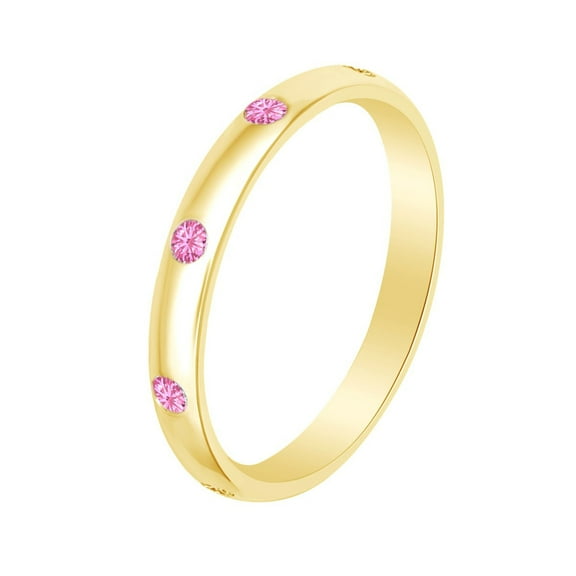 Round Shape Simulated Pink Tourmaline Burnish Set 14k Yellow Gold Over Sterling Silver Band Ring -10
