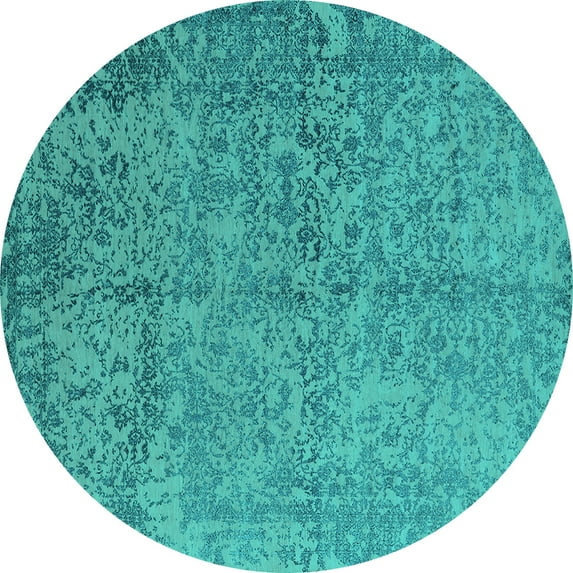 Ahgly Company Machine Washable Indoor Round Oriental Turquoise Blue Industrial Area Rugs, 3' Round
